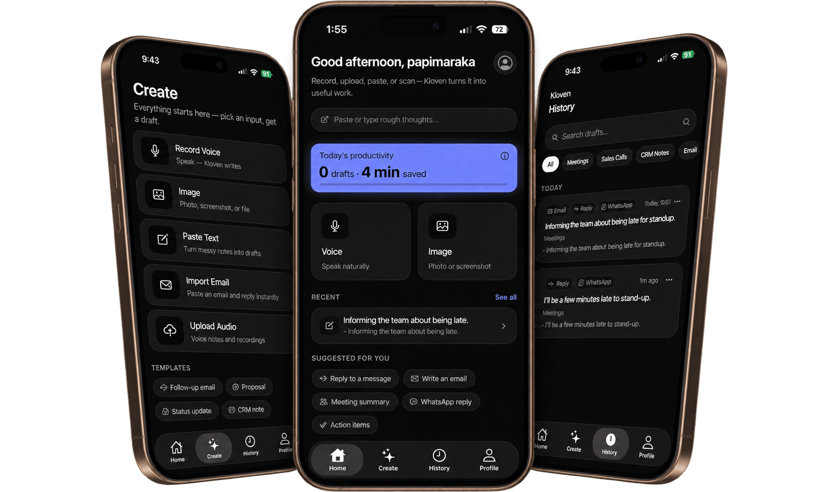 Kloven on three iPhones - home, create, and history